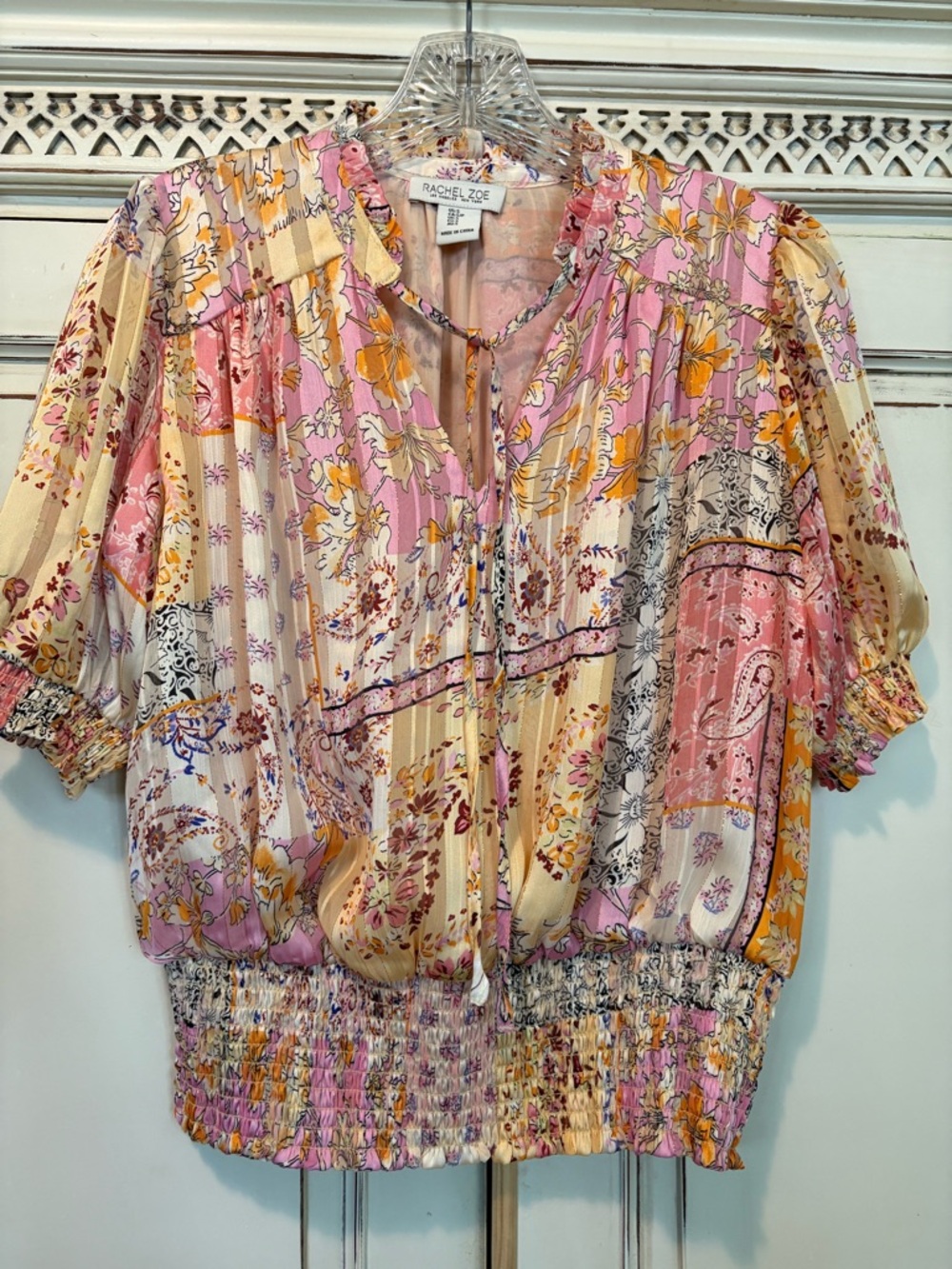 Rachel Zoe Patchwork Floral Tie-Neck Puff Sleeve Blouse — Pink & Yellow